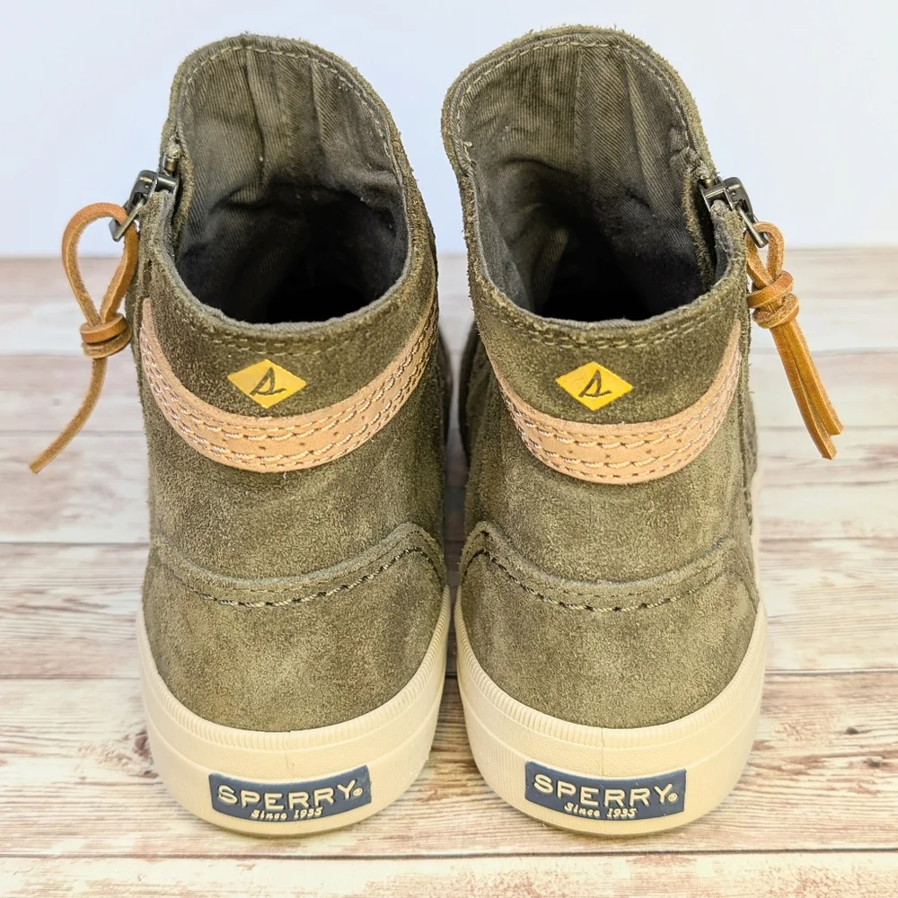 Sperry Suede Leather Ankle Booties Olive Army Green Zipper Women's 7